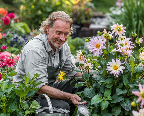 Monsieur Harmonie accrouppi, s'occuppant d'un parterre de fleurs.